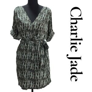 Charlie Jade Dress Medium Gray Blue Silk Blend Faux Wrap Roll Tab Boho Chic